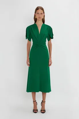 Gathered V-Neck Midi Dress in Emerald