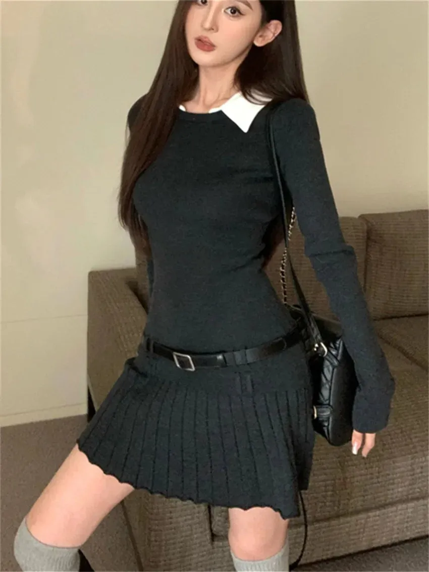 Girlary Chic Slim-Fit New Pleated Mini Dress Women Elegant Spring Office Lady 2024 Streetwear OL Knitted Full Sleeve Gentle