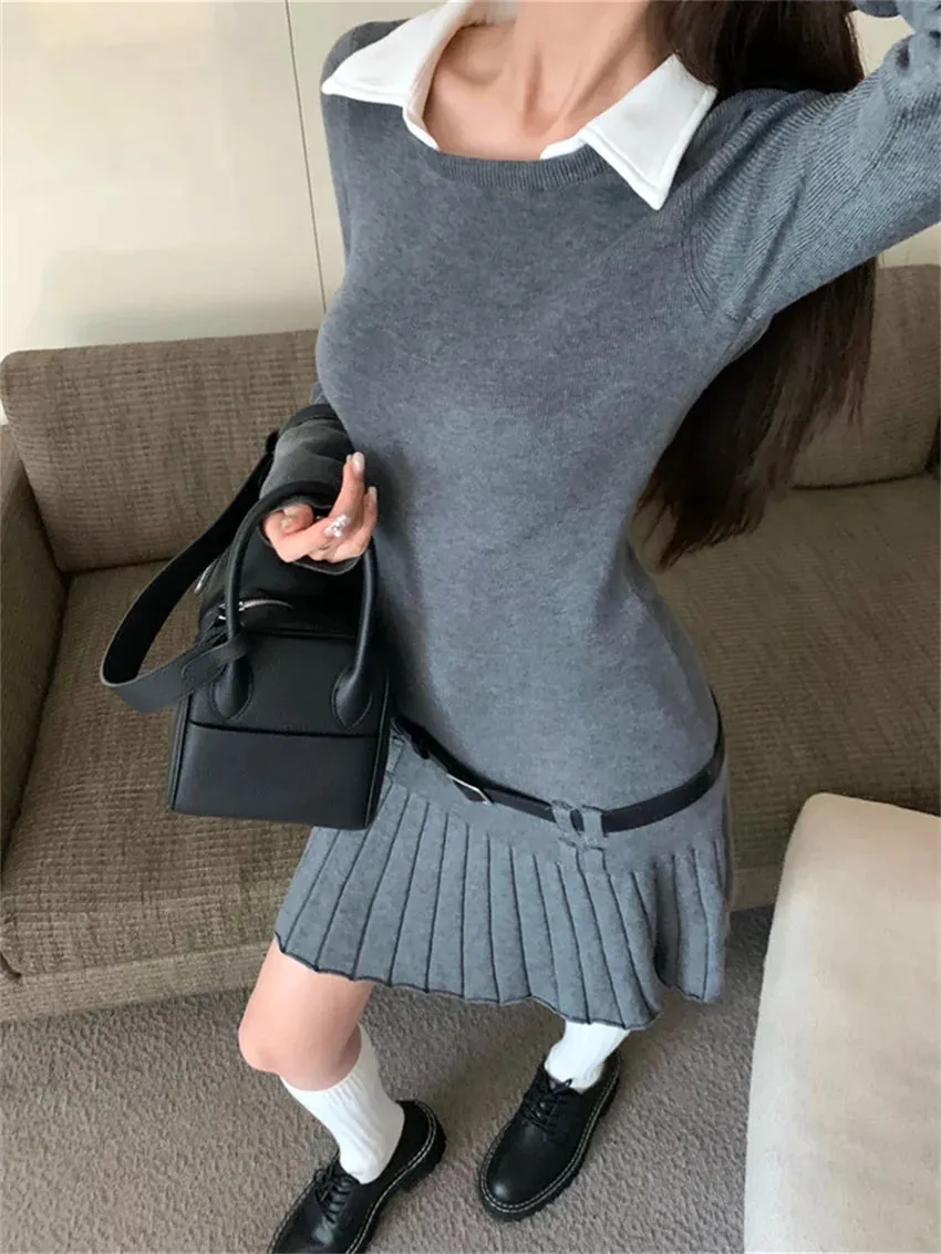 Girlary Chic Slim-Fit New Pleated Mini Dress Women Elegant Spring Office Lady 2024 Streetwear OL Knitted Full Sleeve Gentle