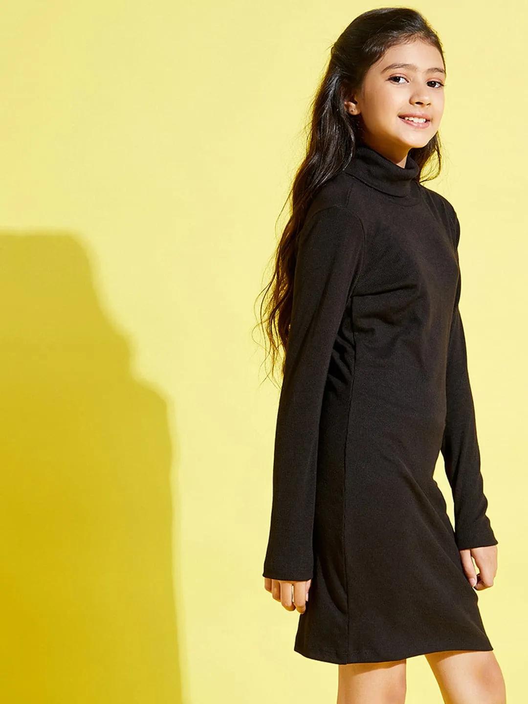 Girls Black Full Sleeves High Neck Rib Dress