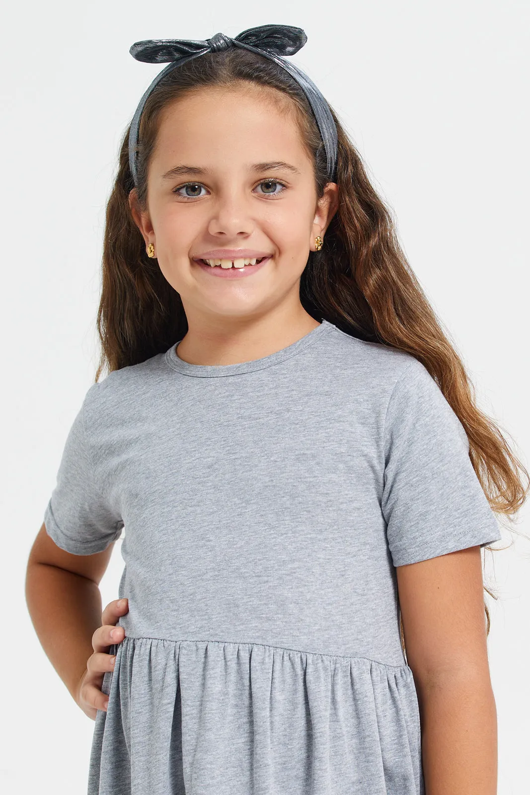 Girls Grey Plain Round Neck Short Sleeve Dress