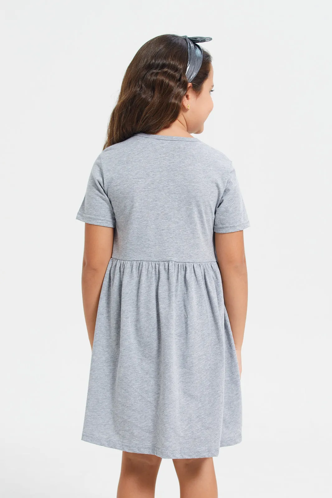 Girls Grey Plain Round Neck Short Sleeve Dress