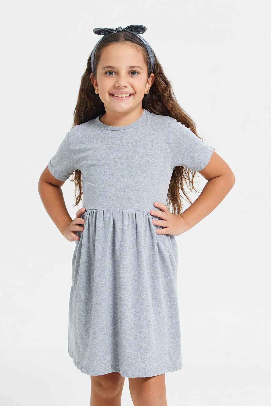 Girls Grey Plain Round Neck Short Sleeve Dress