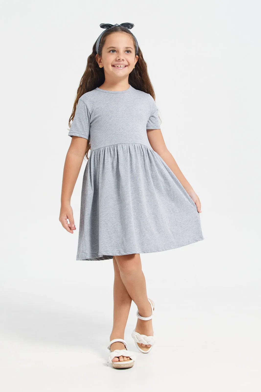 Girls Grey Plain Round Neck Short Sleeve Dress