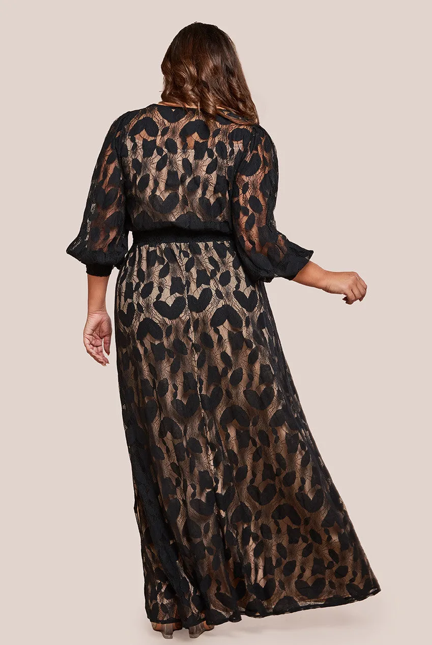 Goddiva Plus Lace Front Split Long Sleeve Maxi Dress - Black