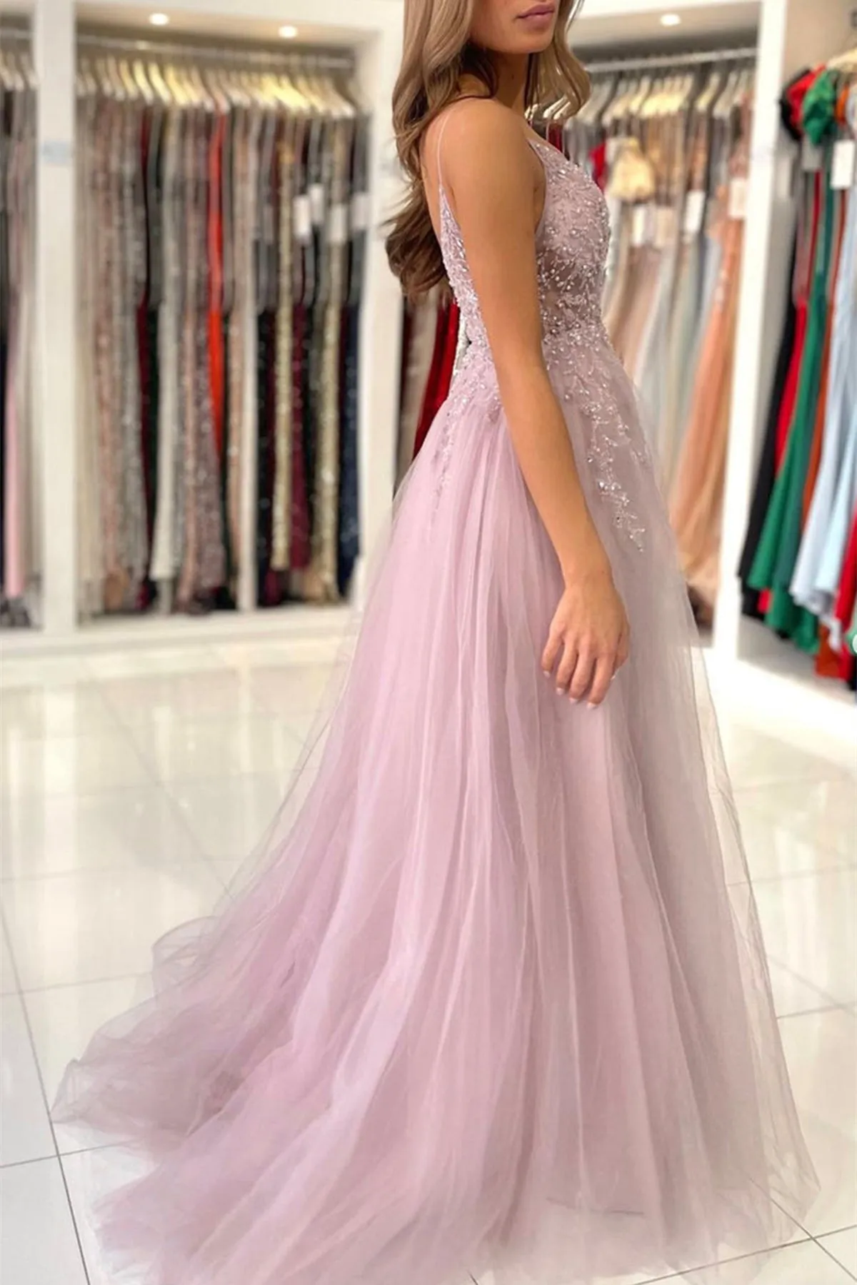 Gorgeous V Neck Beaded Pink Tulle Long Prom Dress with High Slit, V Neck Pink Formal Graduation Evening Dress A1591