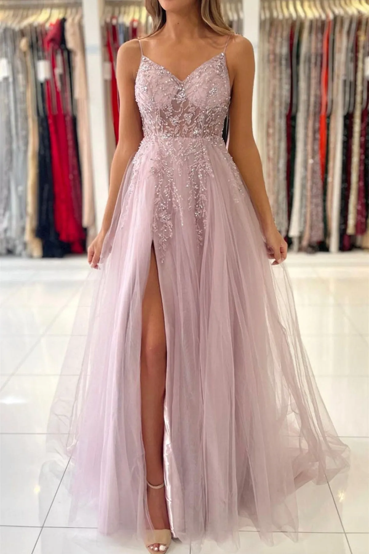 Gorgeous V Neck Beaded Pink Tulle Long Prom Dress with High Slit, V Neck Pink Formal Graduation Evening Dress A1591