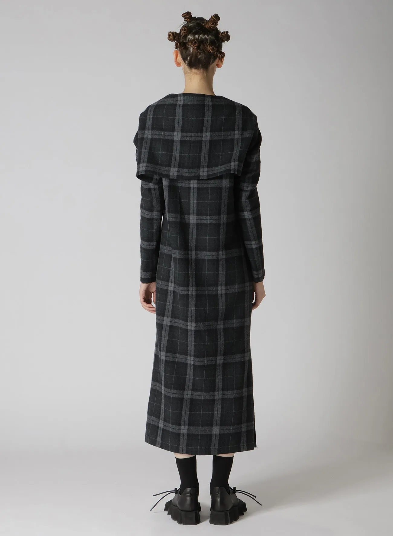 GRAY PLAID TUCKED SLV DRESS