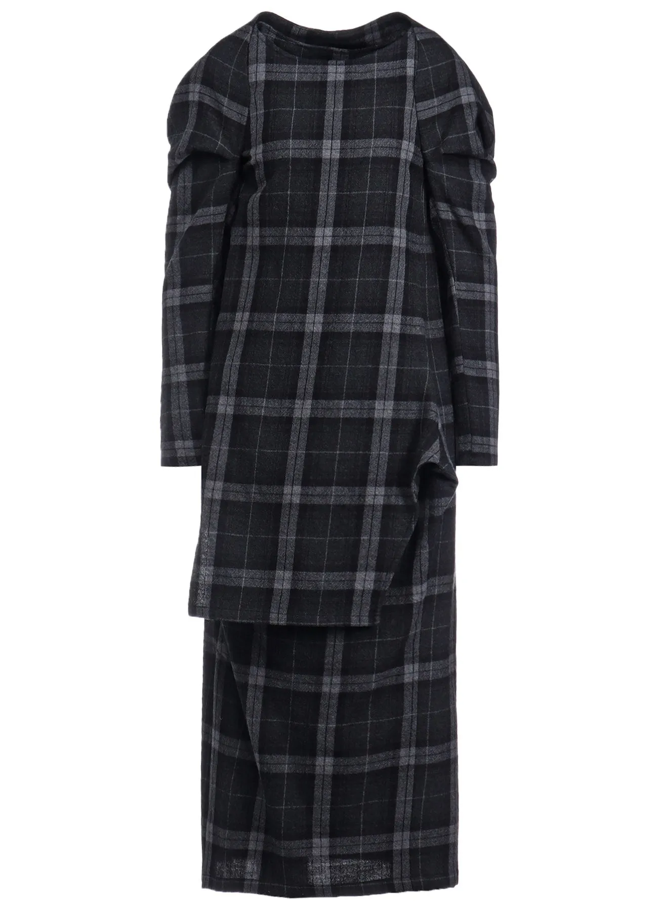 GRAY PLAID TUCKED SLV DRESS