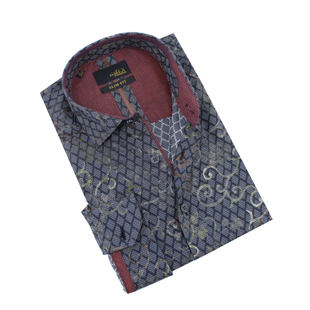 Grid and Vine Print Foil Jacquard Shirt With Burgundy Trim