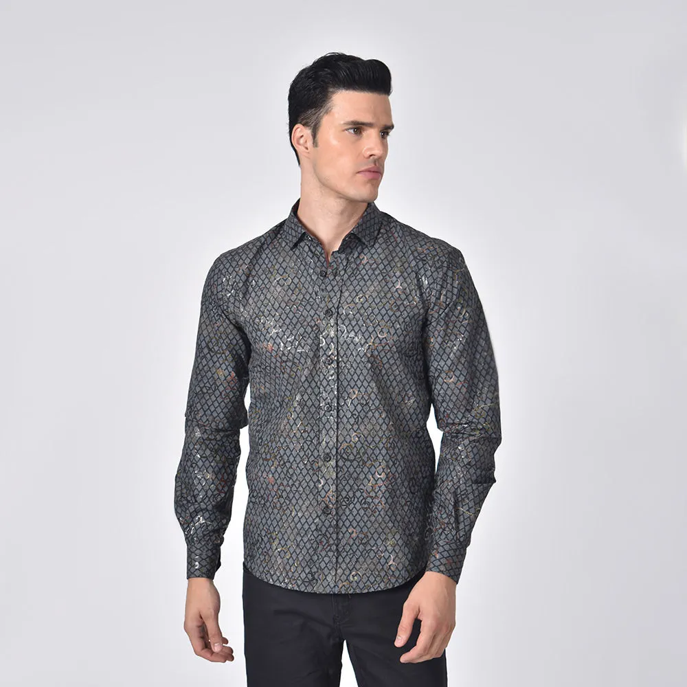 Grid and Vine Print Foil Jacquard Shirt With Burgundy Trim