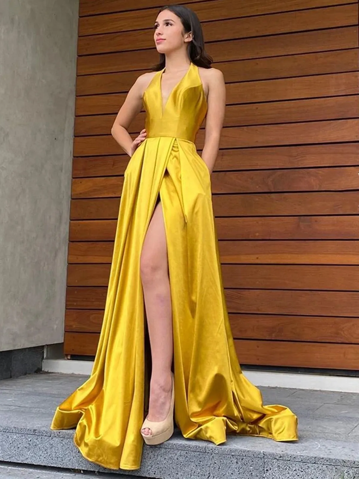 Halter V Neck Backless Yellow Long Prom Dresses with High Slit, Backless Yellow Formal Graduation Evening Dresses