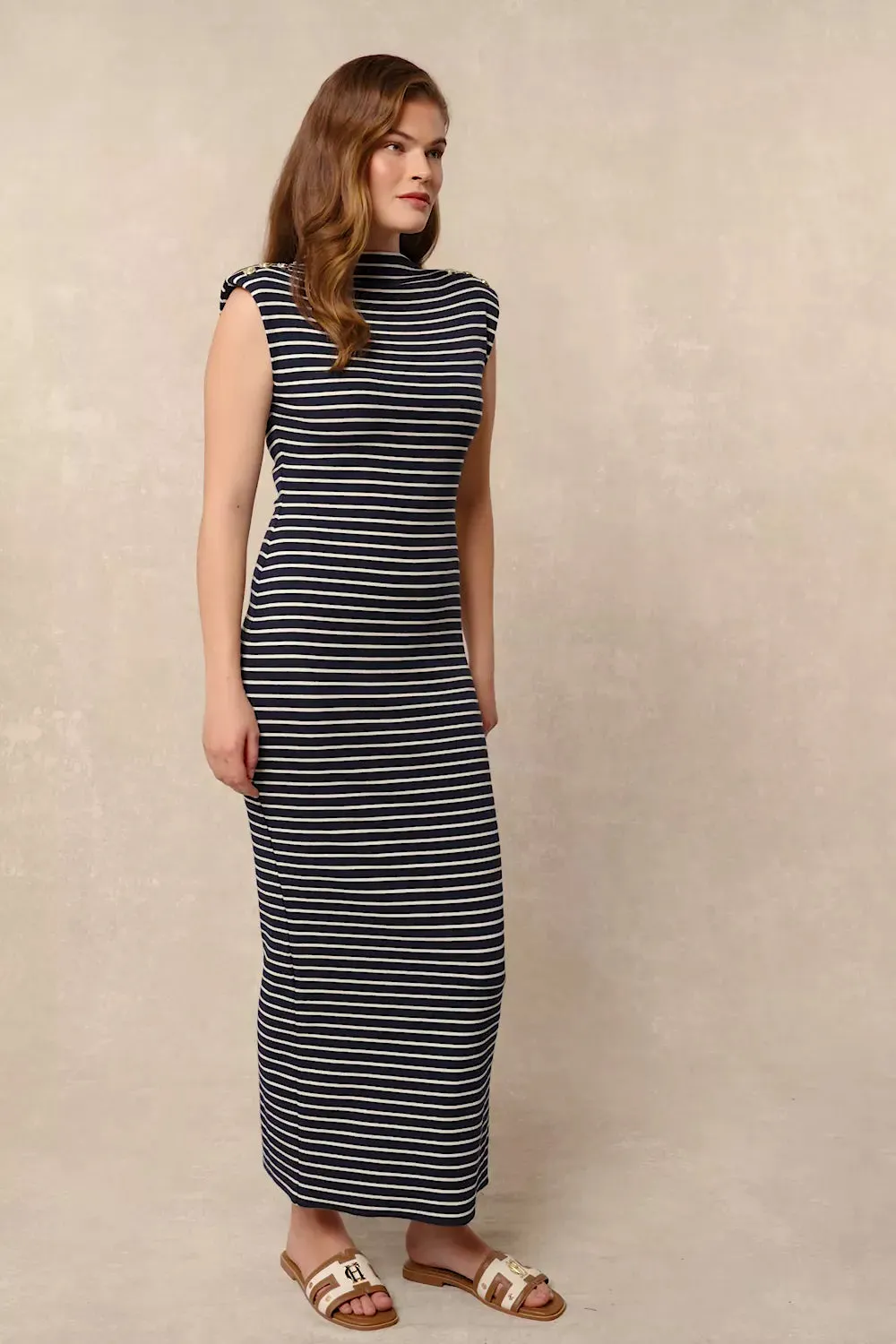 Harper Maxi Dress (Ink Navy Natural Stripe)