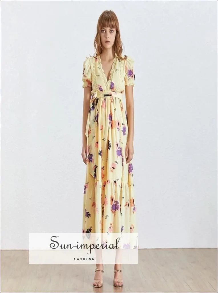 Havana Dress - Floral Print Short Sleeve Maxi Dress for Women V Neck Tie Waist