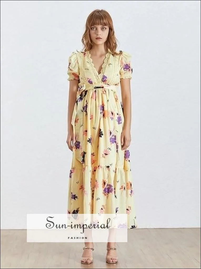 Havana Dress - Floral Print Short Sleeve Maxi Dress for Women V Neck Tie Waist