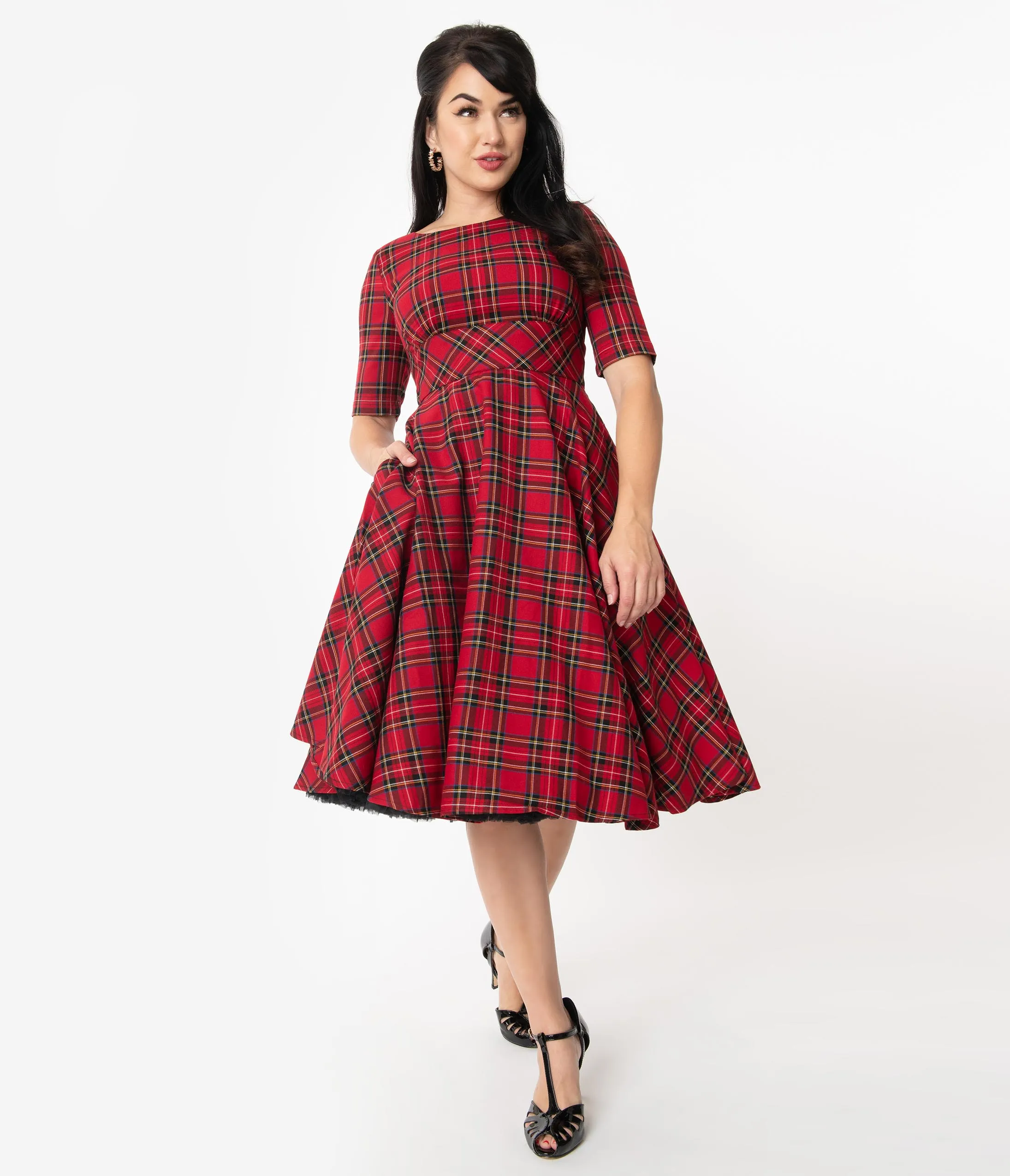 Hell Bunny 1950s Style Red & Black Plaid Irvine Swing Dress