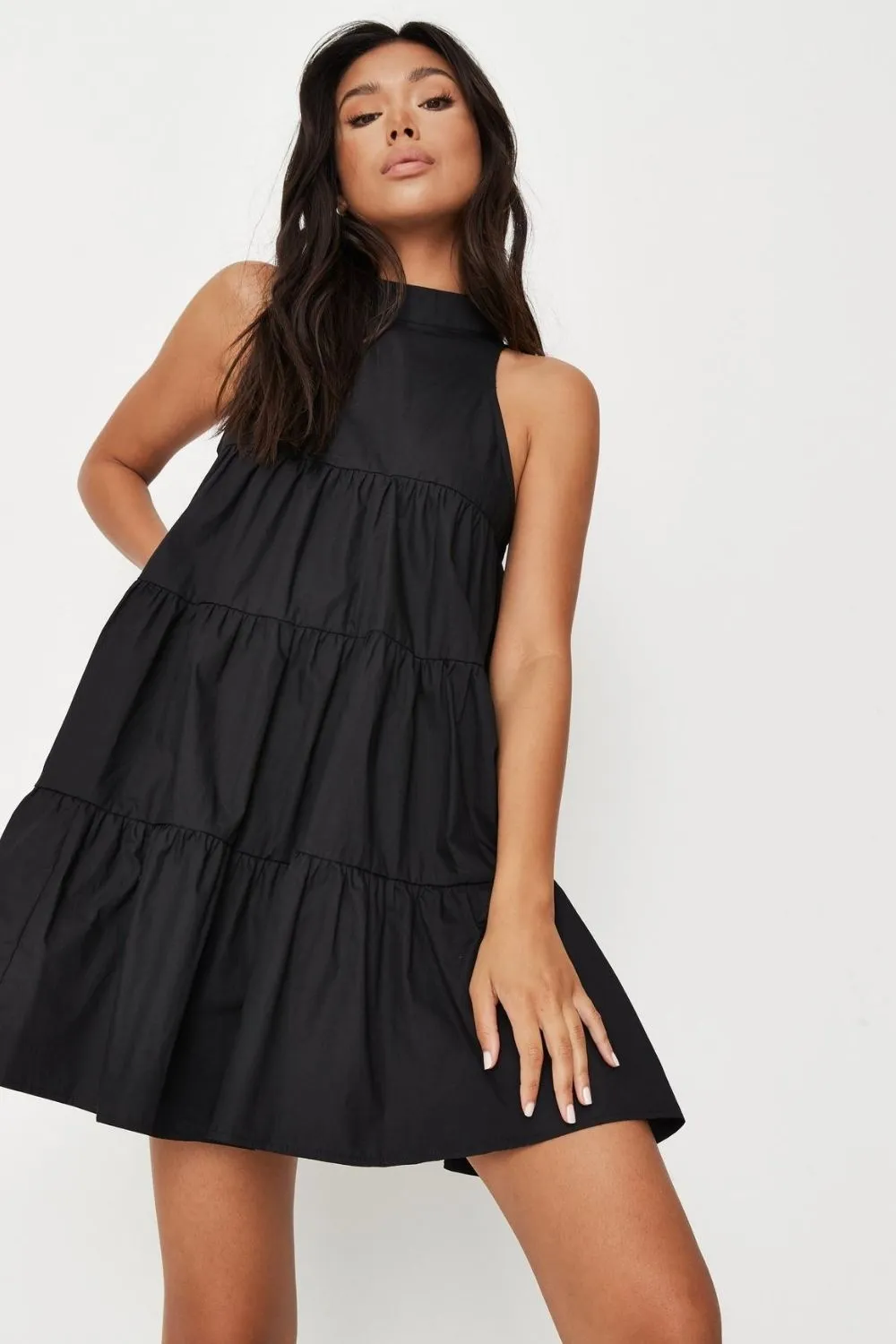 High Neck Ruffled Mini Dress In Black