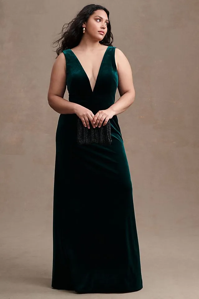 Jenny Yoo Logan deep V velvet dress, dark emerald