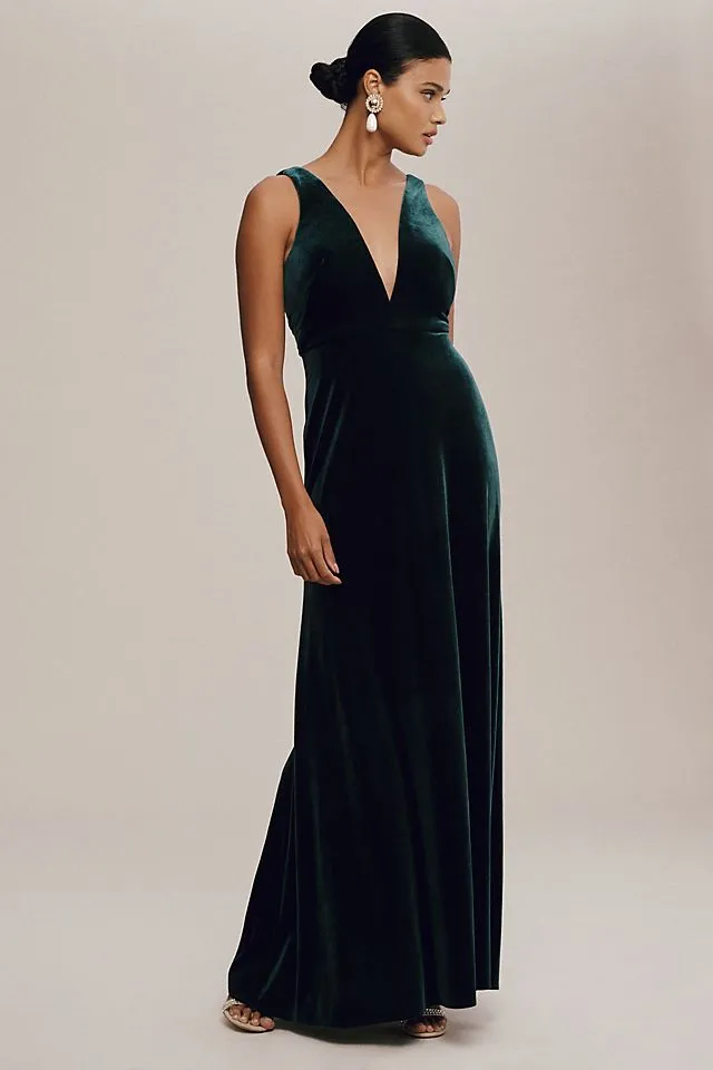 Jenny Yoo Logan deep V velvet dress, dark emerald