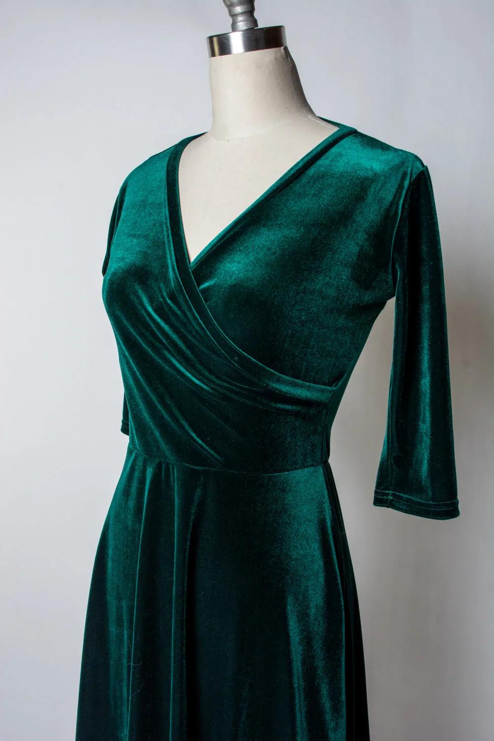 Joanie Knit Dress 3/4 Sleeve - Stretch Velvet, Hunter Green