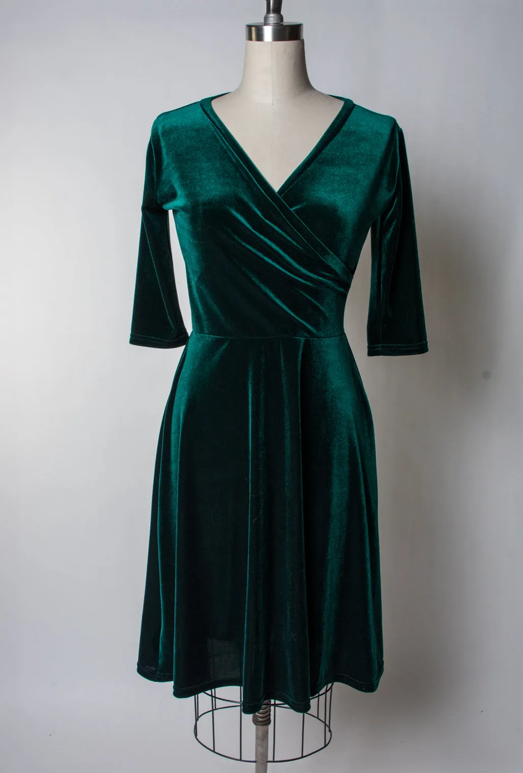 Joanie Knit Dress 3/4 Sleeve - Stretch Velvet, Hunter Green