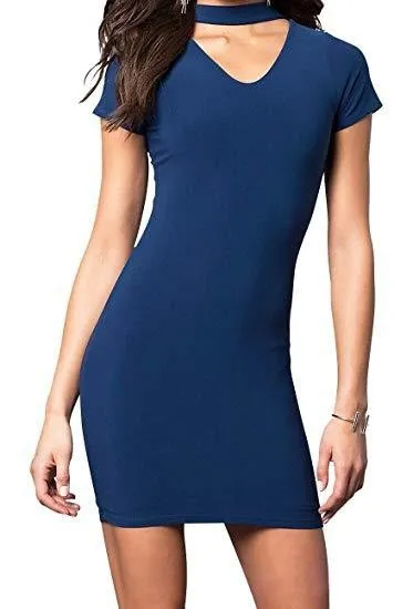 Juniors V-Neck Party Dress With Choker Neckline