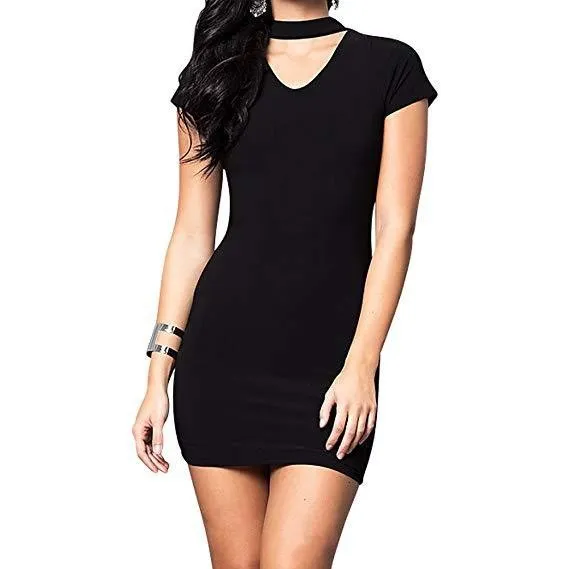 Juniors V-Neck Party Dress With Choker Neckline