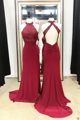 kamahe Burgundy high neck lace mermaid long prom dress, lace evening dress