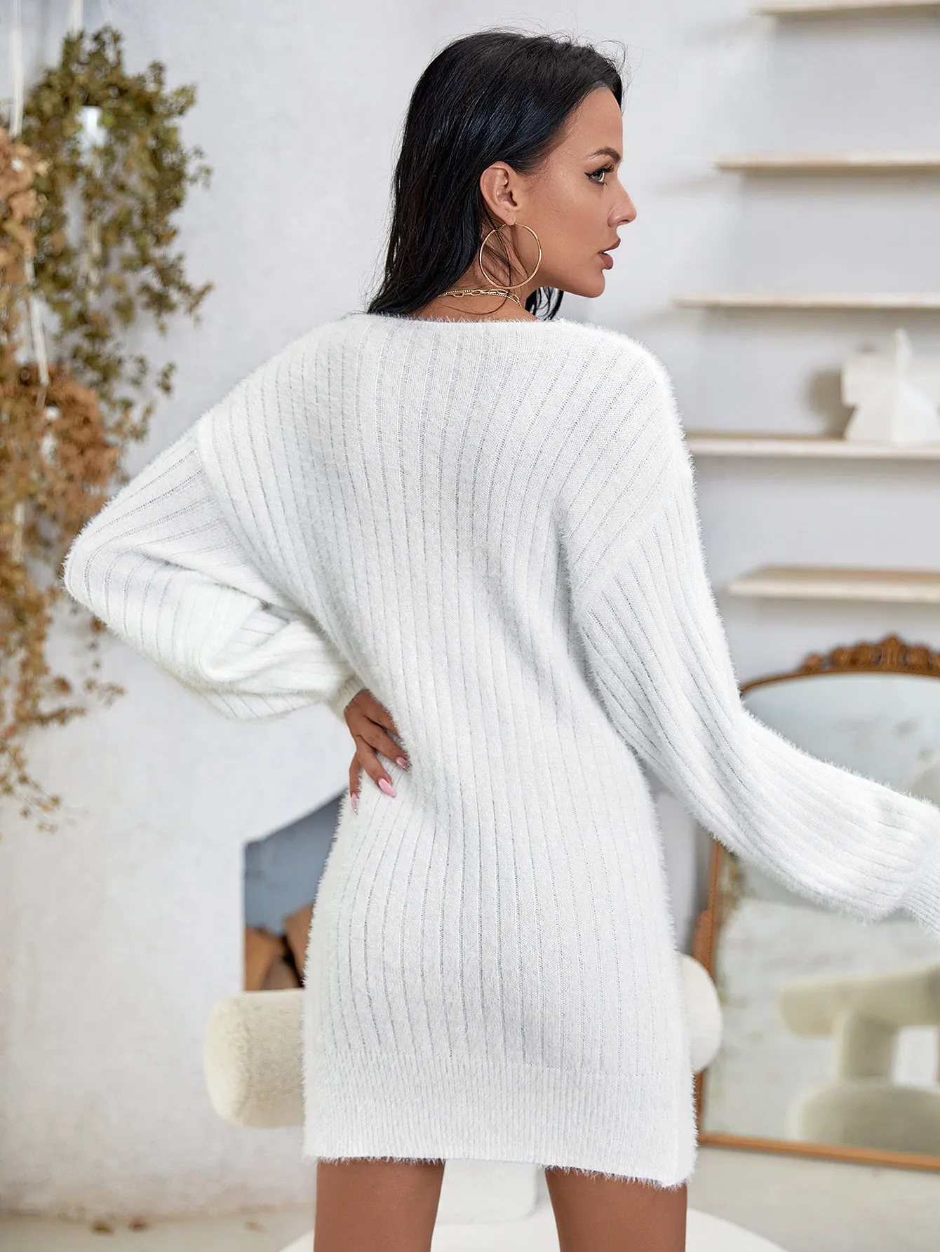 KittenAlarm - Fuzzy Knit V Neck Lantern Sleeve Sweater Dress