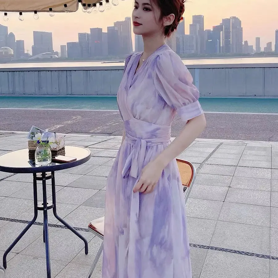 Korean Fashion Puff Sleeve Floral Dress Loose Waist With Bandage New Women's Summer Dresses Elegant Casual Midi Vestidos Mujer