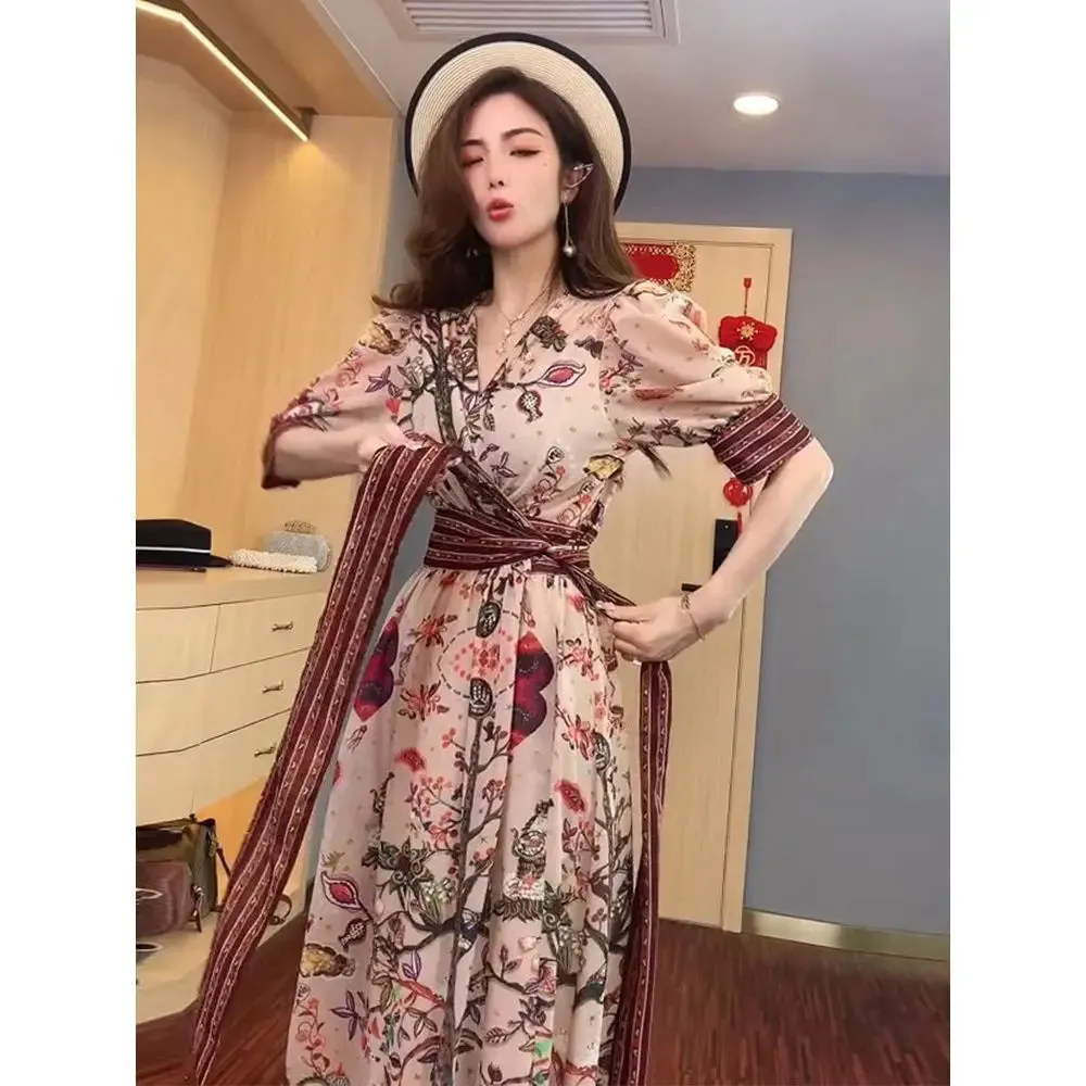 Korean Fashion Puff Sleeve Floral Dress Loose Waist With Bandage New Women's Summer Dresses Elegant Casual Midi Vestidos Mujer