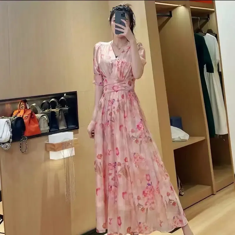 Korean Fashion Puff Sleeve Floral Dress Loose Waist With Bandage New Women's Summer Dresses Elegant Casual Midi Vestidos Mujer