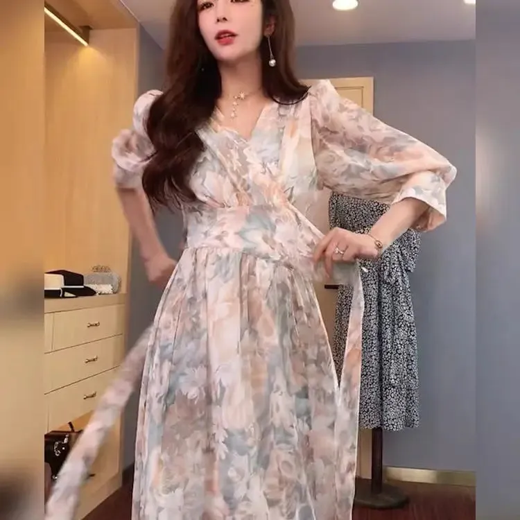 Korean Fashion Puff Sleeve Floral Dress Loose Waist With Bandage New Women's Summer Dresses Elegant Casual Midi Vestidos Mujer