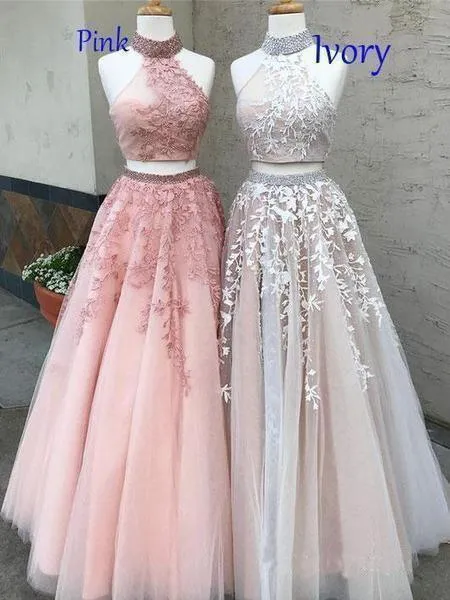 Lace Appliquéd Two Piece Prom Dresses Long Halter Ball Gowns PG727