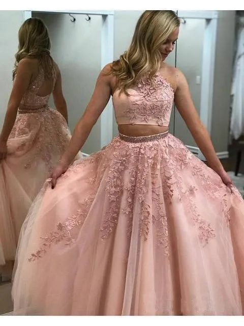 Lace Appliquéd Two Piece Prom Dresses Long Halter Ball Gowns PG727