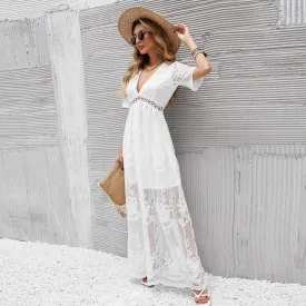 Lace dress sexy V-neck embroidered solid color maxi dress