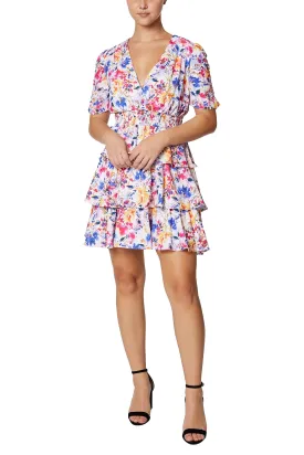 Laundry V-Neck Short Sleeve Elastic Waist Floral Print Tiered Woven Dress