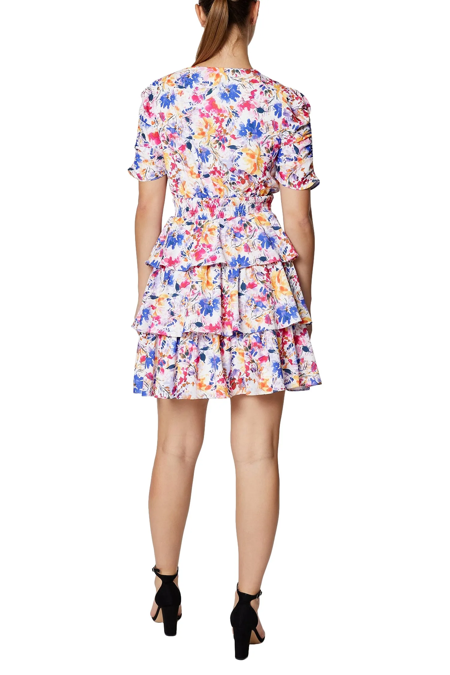 Laundry V-Neck Short Sleeve Elastic Waist Floral Print Tiered Woven Dress