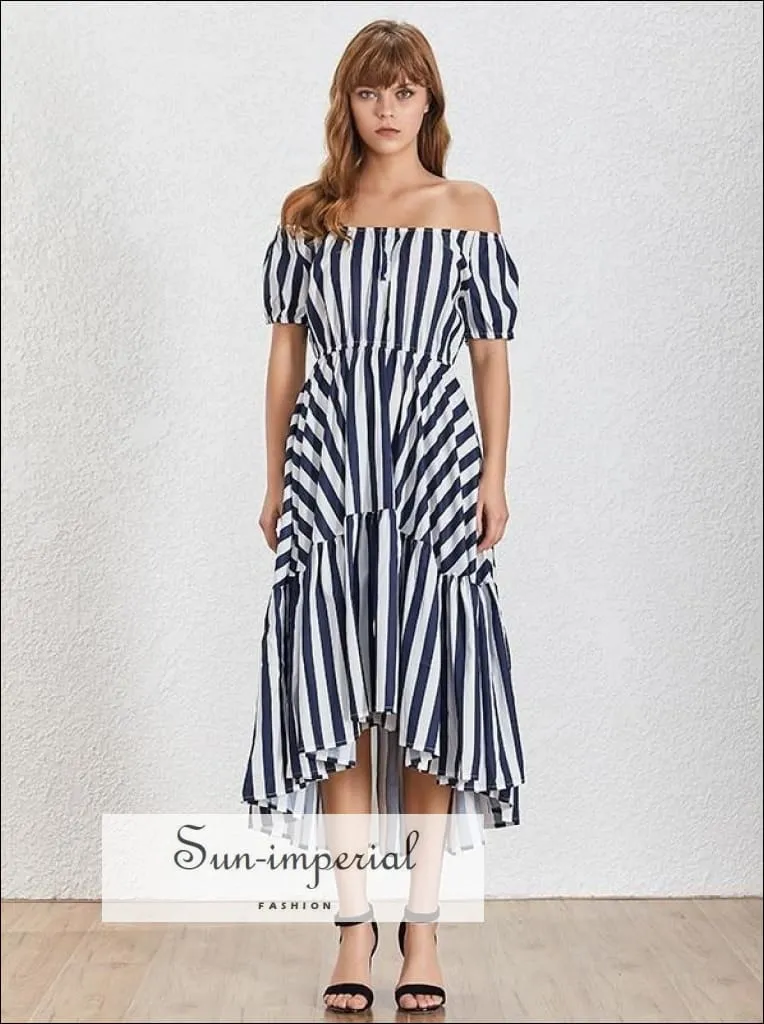 Lena Dress - Summer Striped Women Dress O Neck Short Sleeve High Waist Hit Color Asymmetrical Midi