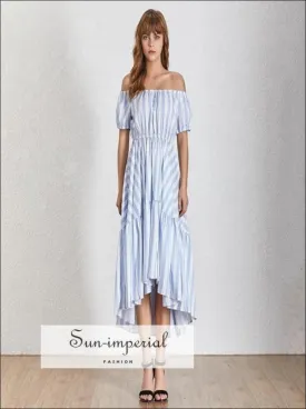 Lena Dress - Summer Striped Women Dress O Neck Short Sleeve High Waist Hit Color Asymmetrical Midi