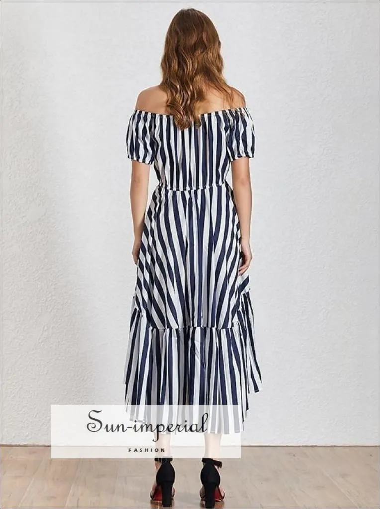 Lena Dress - Summer Striped Women Dress O Neck Short Sleeve High Waist Hit Color Asymmetrical Midi