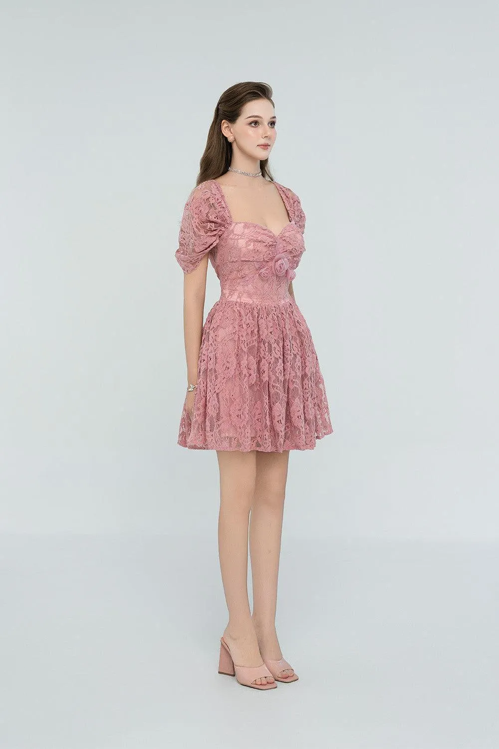 Lillie A-line Gathered Lace Mini Dress