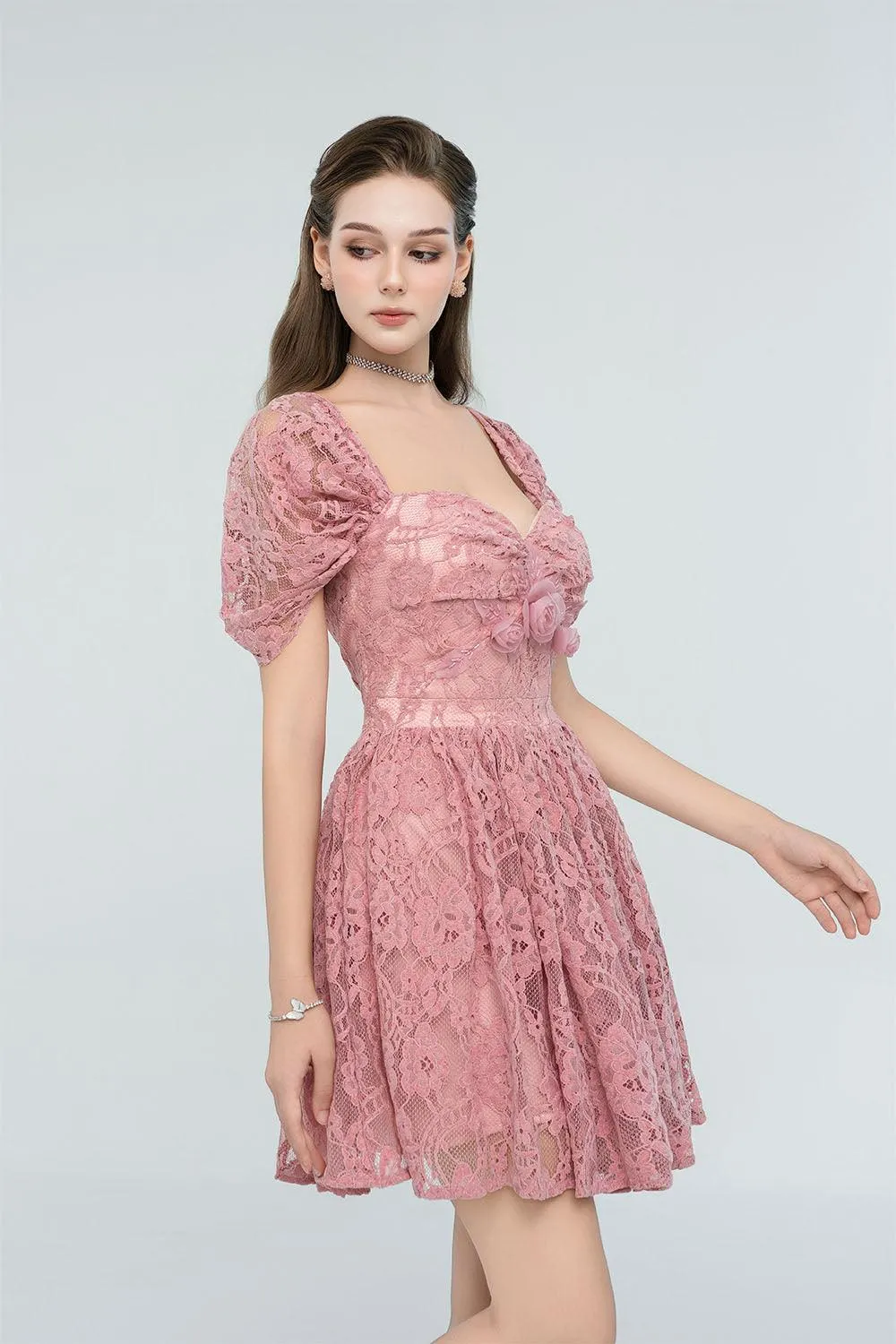 Lillie A-line Gathered Lace Mini Dress