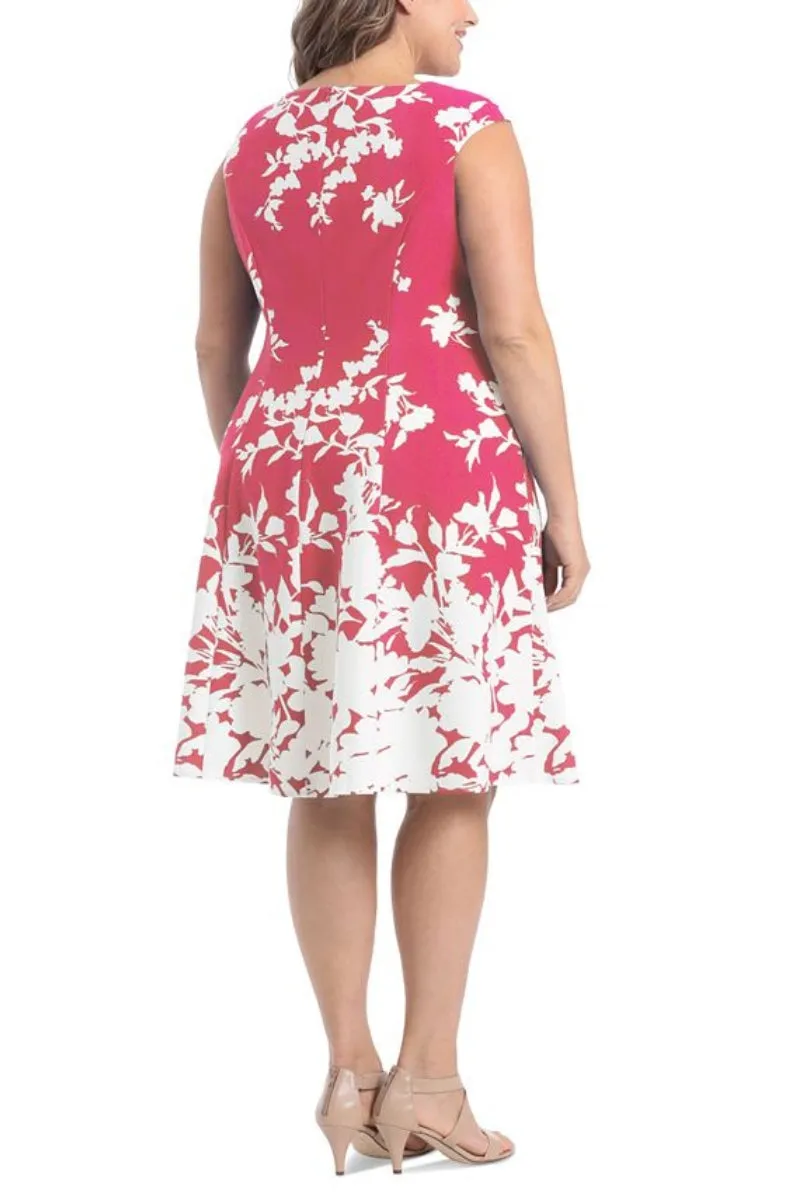 London Times Crew Neck Zipper Back Floral Print Fit & Flare Scuba Dress ( Plus Size )