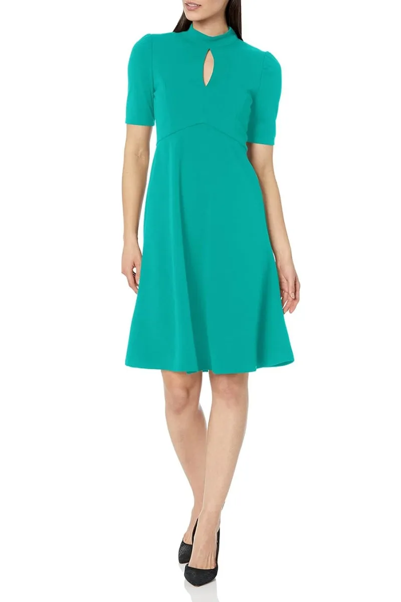 London Times Keyhole Puff Sleeve Polished Chic Flounce Hem Dress