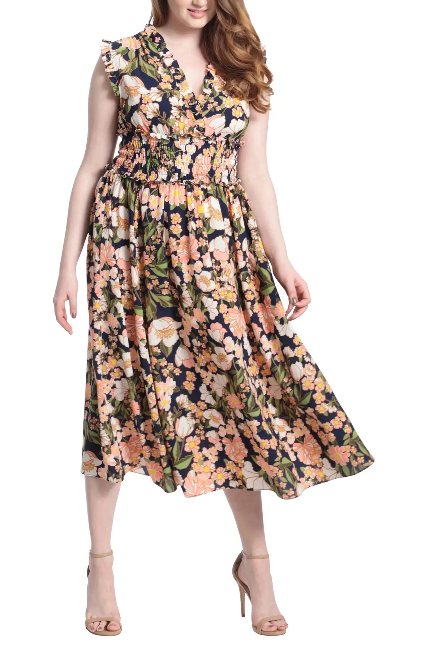 London Times Ruffled V-Neck and Shoulders Elastic Waist Floral Print Bubble Crepe Dress