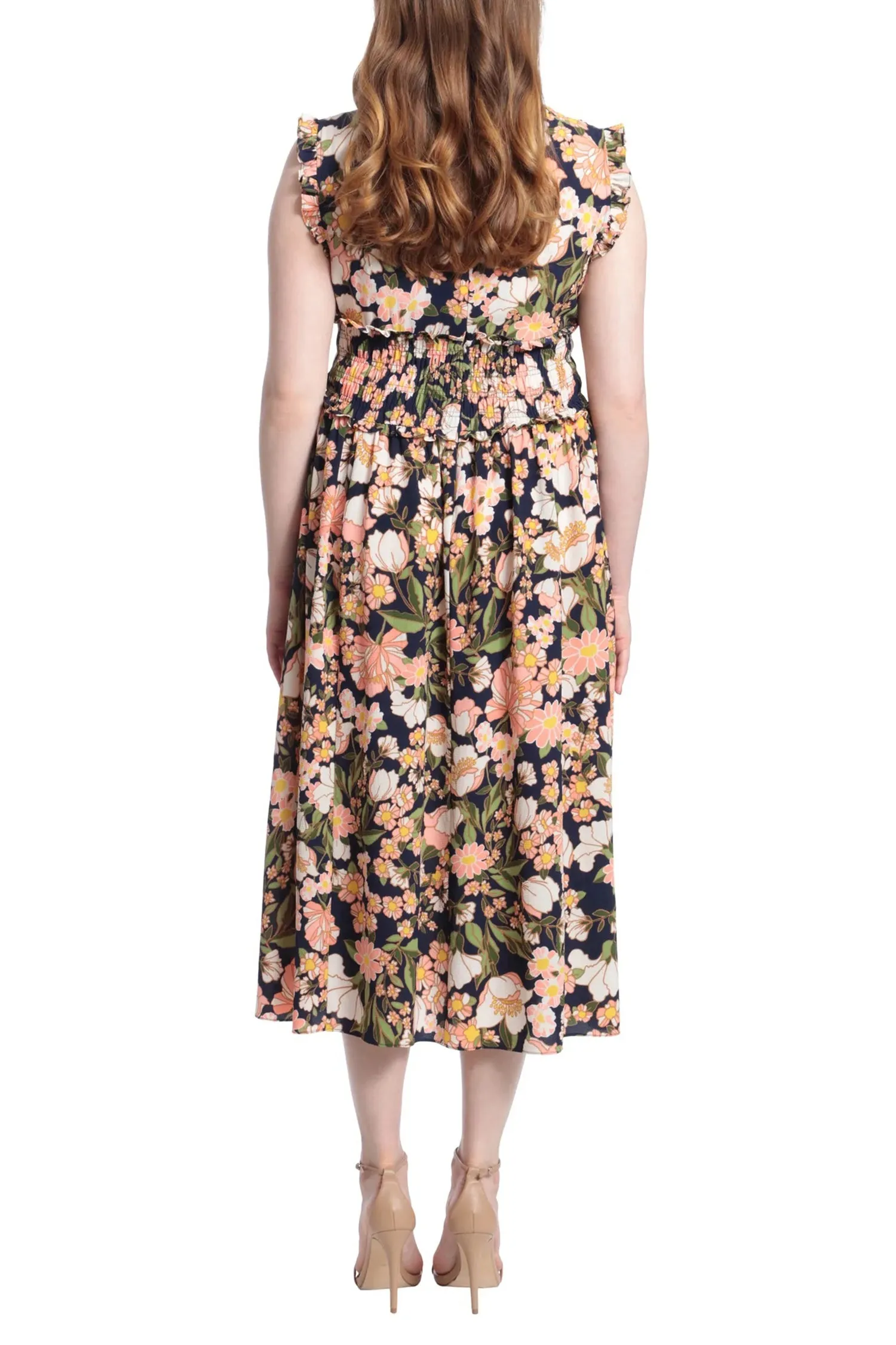 London Times Ruffled V-Neck and Shoulders Elastic Waist Floral Print Bubble Crepe Dress