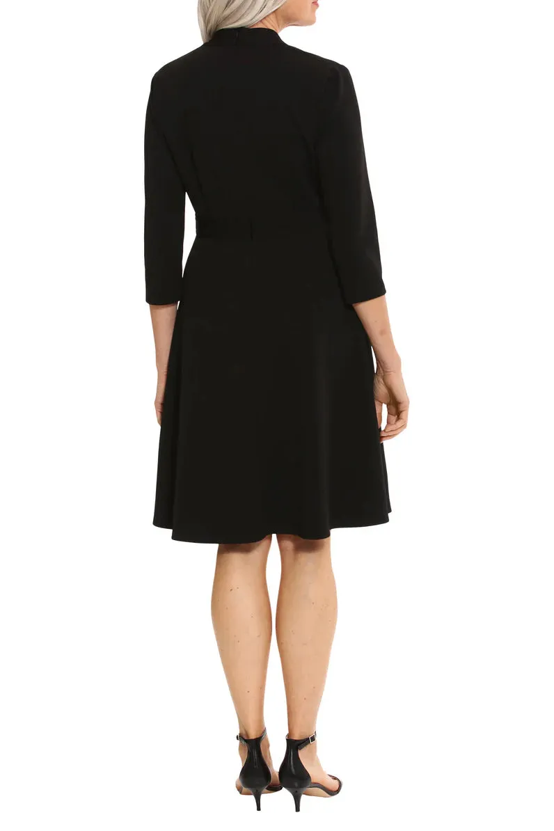 London Times Surplice Neck 3/4 Sleeve Goldtone Button Detail Zipper Closure Fit & Flare Scuba Dress