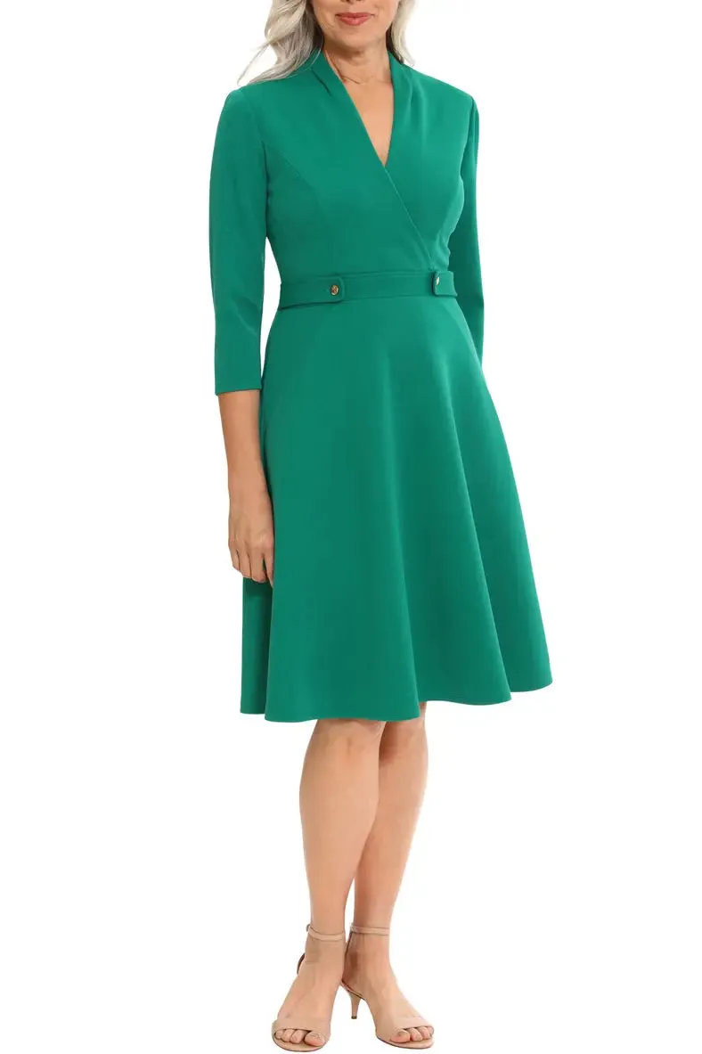 London Times Surplice Neck 3/4 Sleeve Goldtone Button Detail Zipper Closure Fit & Flare Scuba Dress