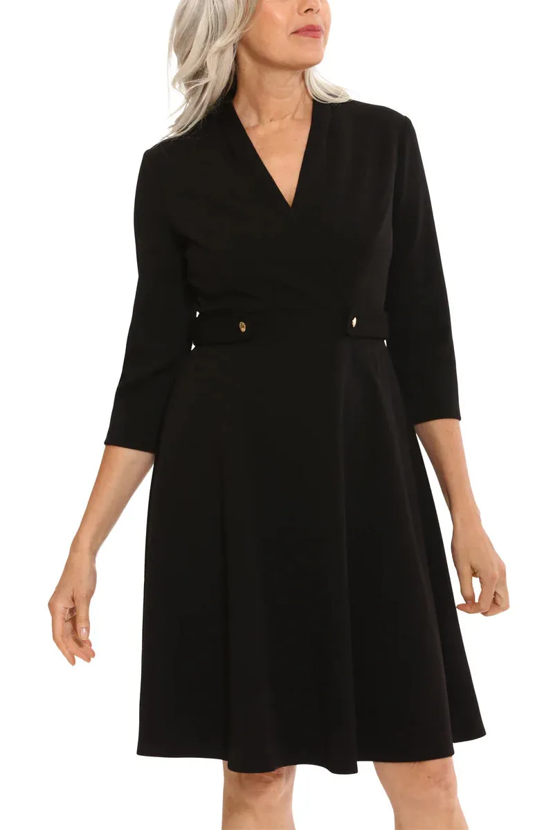 London Times Surplice Neck 3/4 Sleeve Goldtone Button Detail Zipper Closure Fit & Flare Scuba Dress